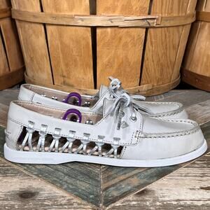 Sperry A/O Haven Gray Silver Leather Woven Sides Lace-Up Boat Shoes Womens 7.5